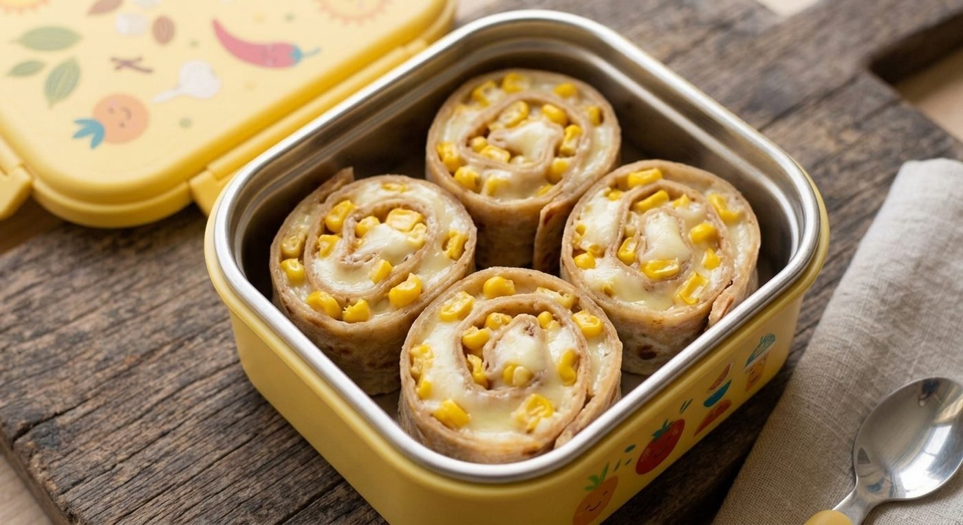 Cheese and corn roti roll-ups packed in a yellow tiffin